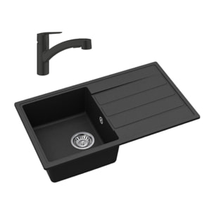 76x44 cm kit évier avec égouttoir réversible en Granite, à encastrer, noir + mitigeur lavabo/cuisine Grohe Start (SATSE3BG431)
