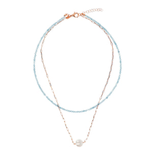 PERLAVIVA - Doppia Collana con Quarzite Cielo e Perla Ming d'Acqua Dolce Bianca Ø 11 mm in Argento 925 placcato Oro Rosa 18Kt