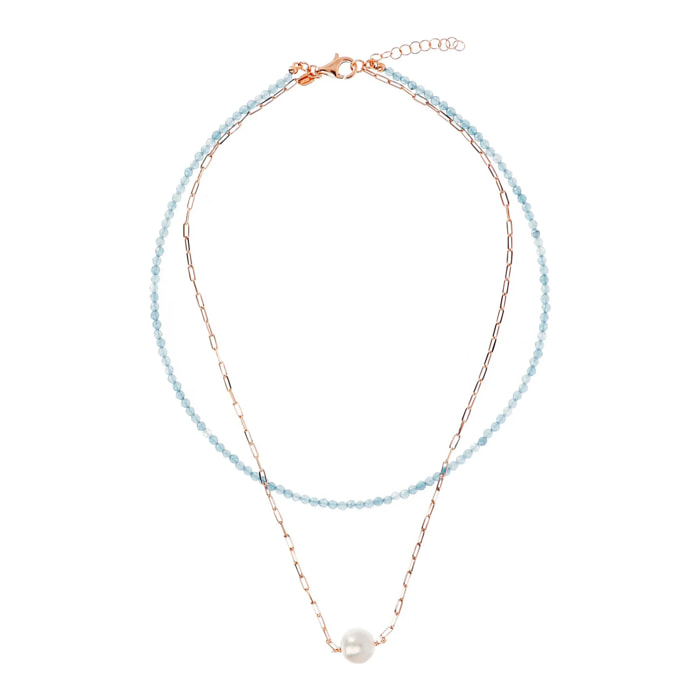 PERLAVIVA - Doppia Collana con Quarzite Cielo e Perla Ming d'Acqua Dolce Bianca Ø 11 mm in Argento 925 placcato Oro Rosa 18Kt