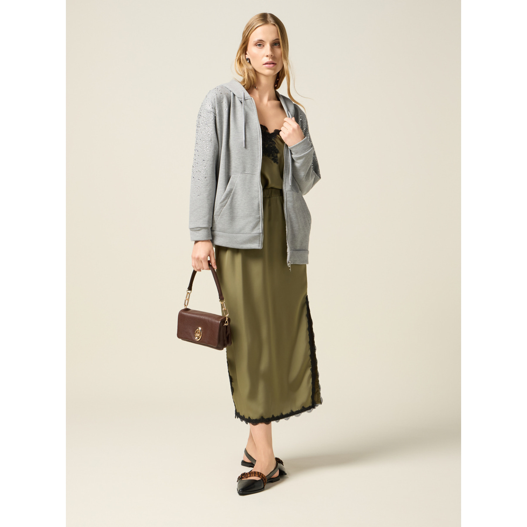 Oltre - Gonna tubino midi in raso con pizzo - Verde