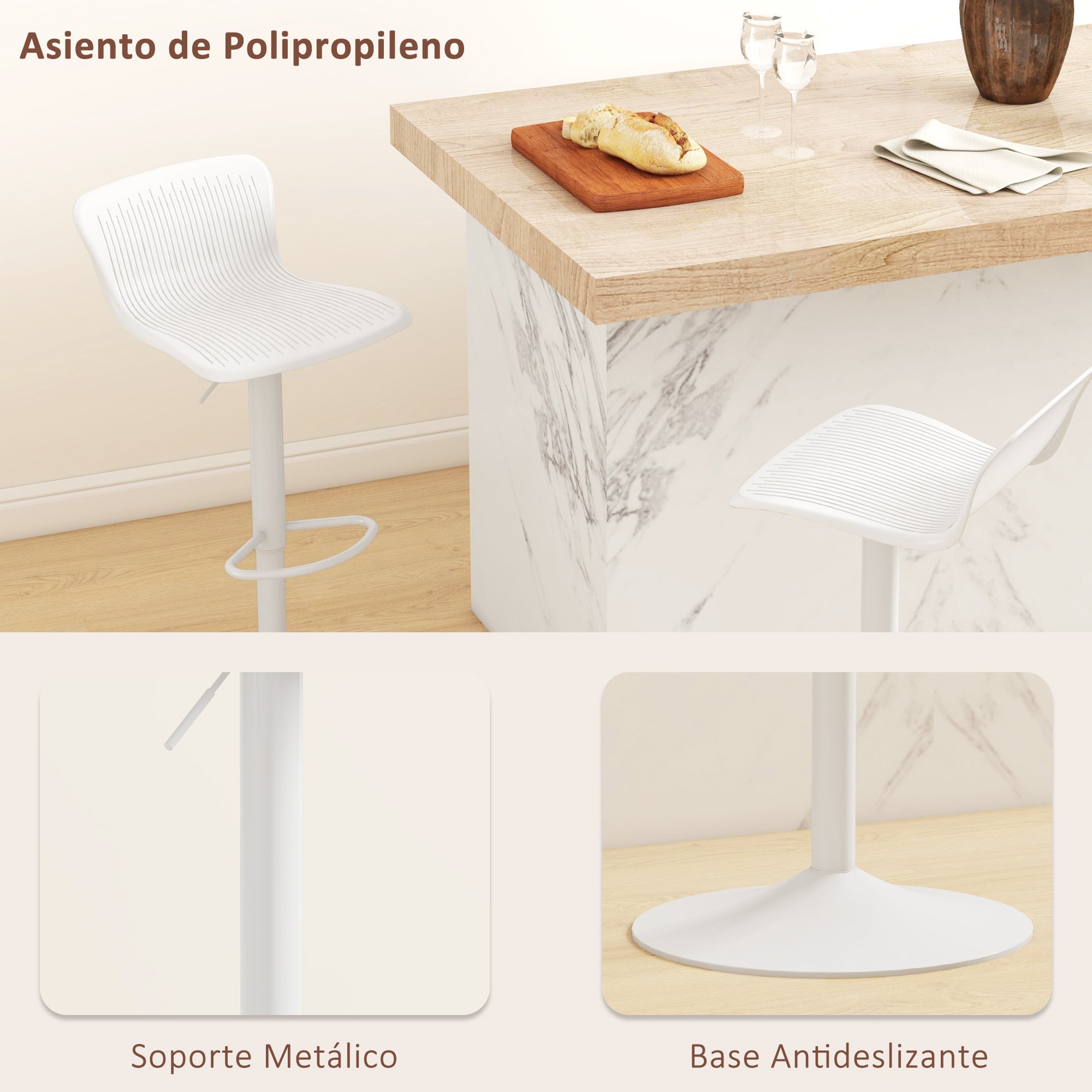 Conjunto de 2 Taburetes Altos de Cocina Sillas Altas de Cocina Giratorias con Respaldo y Altura Ajustable Carga 120 kg para Bar Salón Comedor Blanco