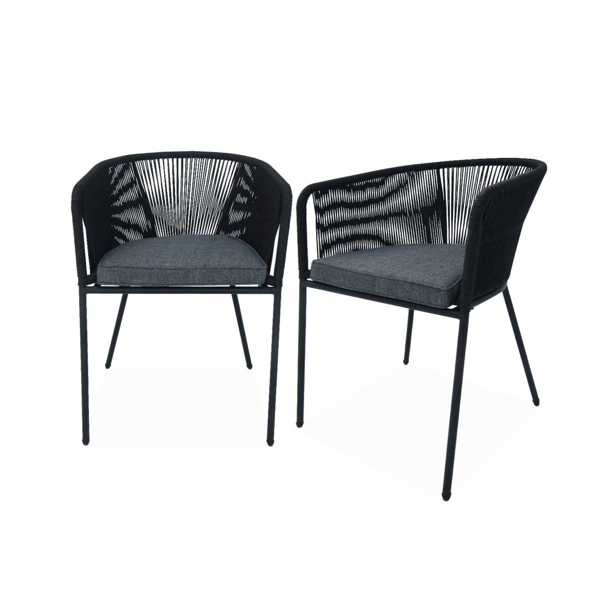 Lot de 2 fauteuils de jardin en corde noire et acier galvanisé. coussin gris