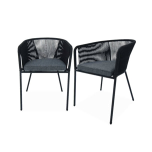 Lot de 2 fauteuils de jardin en corde noire et acier galvanisé. coussin gris