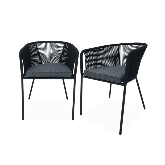 Lot de 2 fauteuils de jardin en corde noire et acier galvanisé. coussin gris