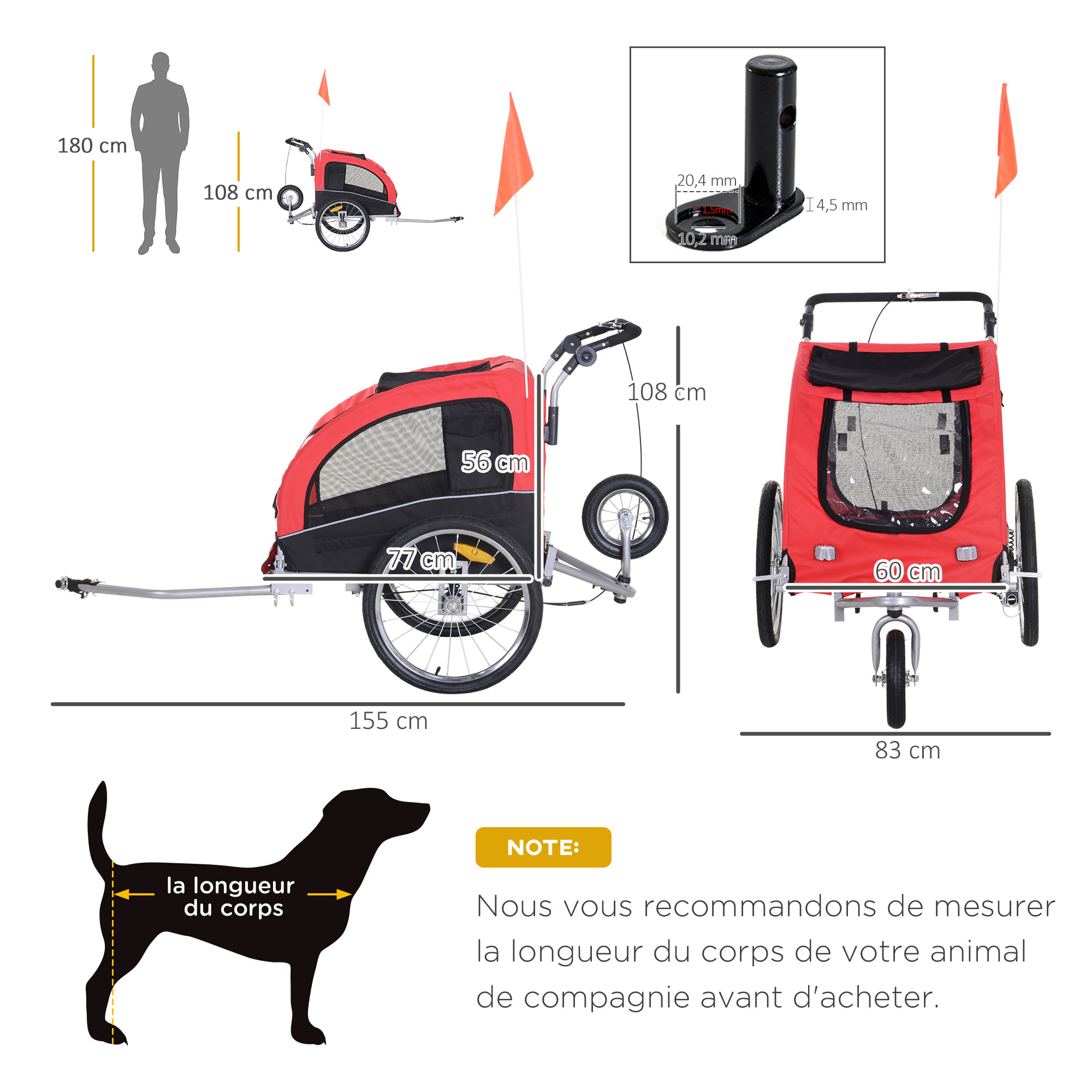 Remorque vélo jogger 2 en 1 pour animaux drapeau roue avant pivotante réflecteurs et barre d'attelage inclus rouge noir