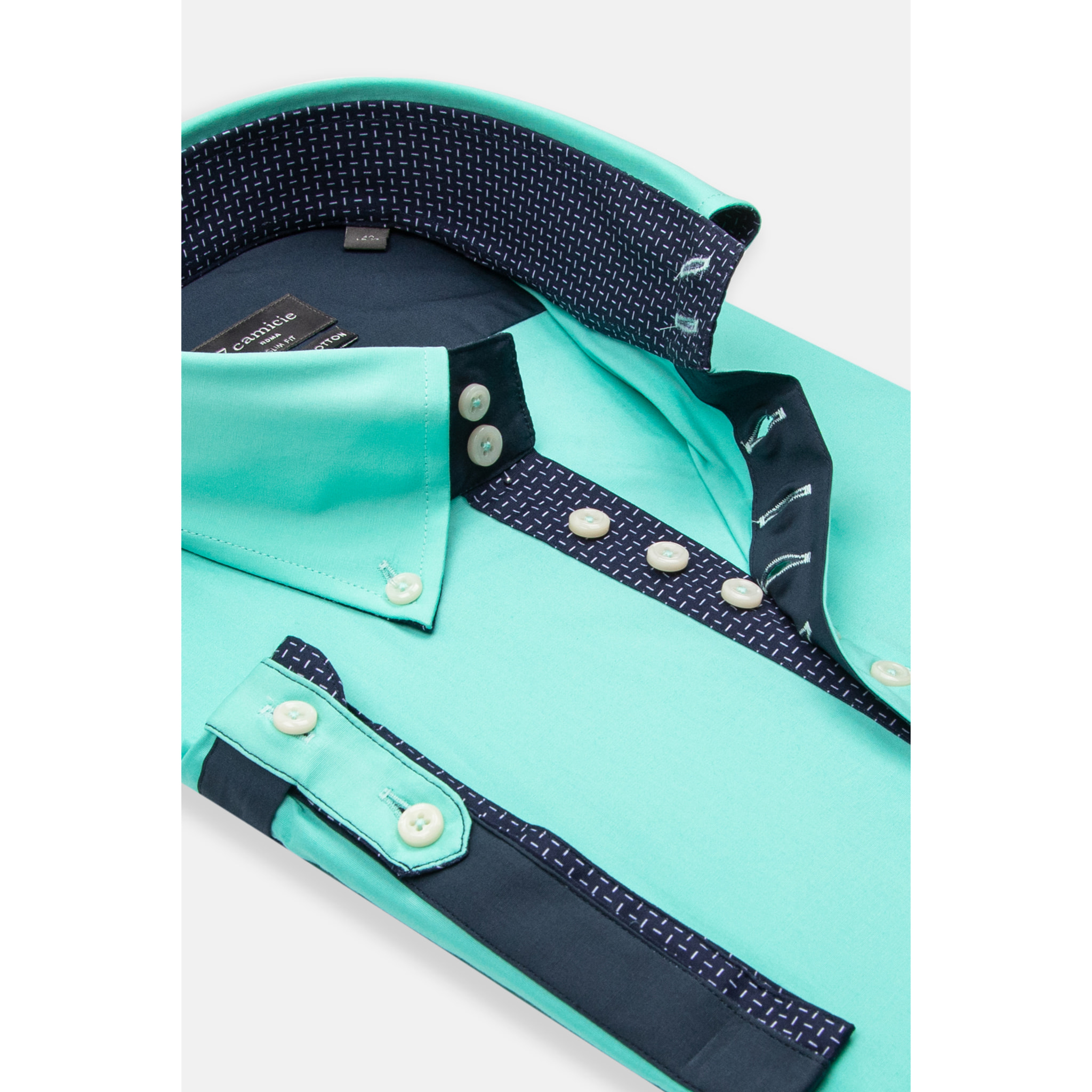 Camicia Uomo Manica Corta 2 Bottoni Button Down 7 Botto Popeline Stretch Unito Verde Acqua