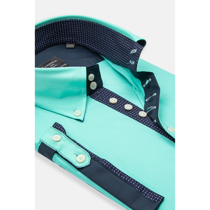 Camicia Uomo Manica Corta 2 Bottoni Button Down 7 Botto Popeline Stretch Unito Verde Acqua
