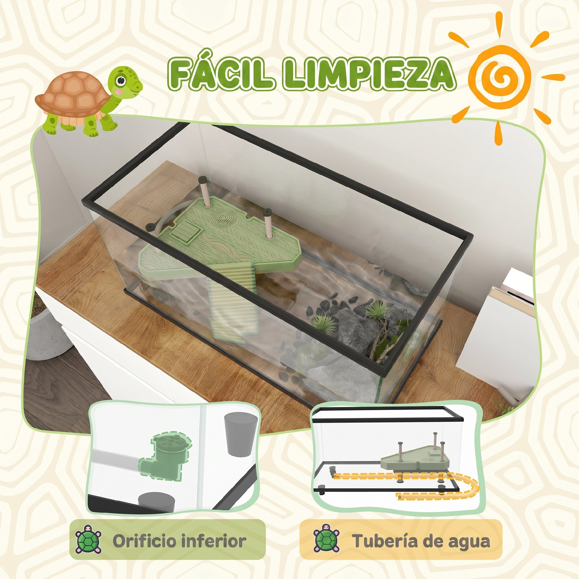 PawHut Acuario para Tortugas 50L, Terrario de Tortugas Pequeñas con Plataforma, Rampa, Drenaje Fácil y Termómetro Adhesivo, 60x30x32 cm, Transparente