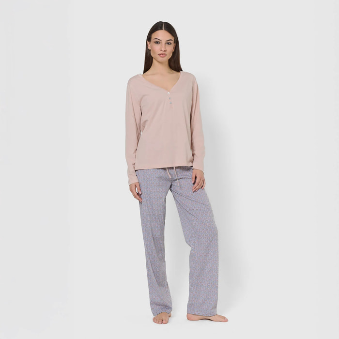 Pigiama lungo milena rosa in cotone con scollo a v