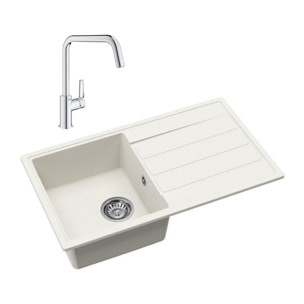 76x44 cm évier avec égouttoir réversible en Granite, à encastrer, blanc + mitigeur lavabo/cuisine Grohe Start (SATSE3WG304)