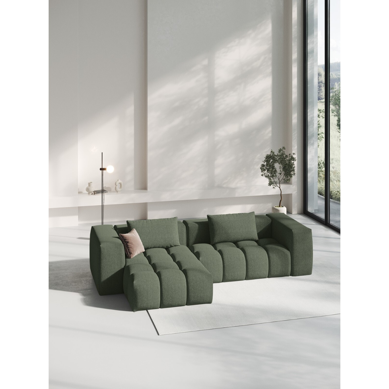 Canapé d'angle gauche modulable "Lorella" 3 places en tissu structurel vert olive foncé