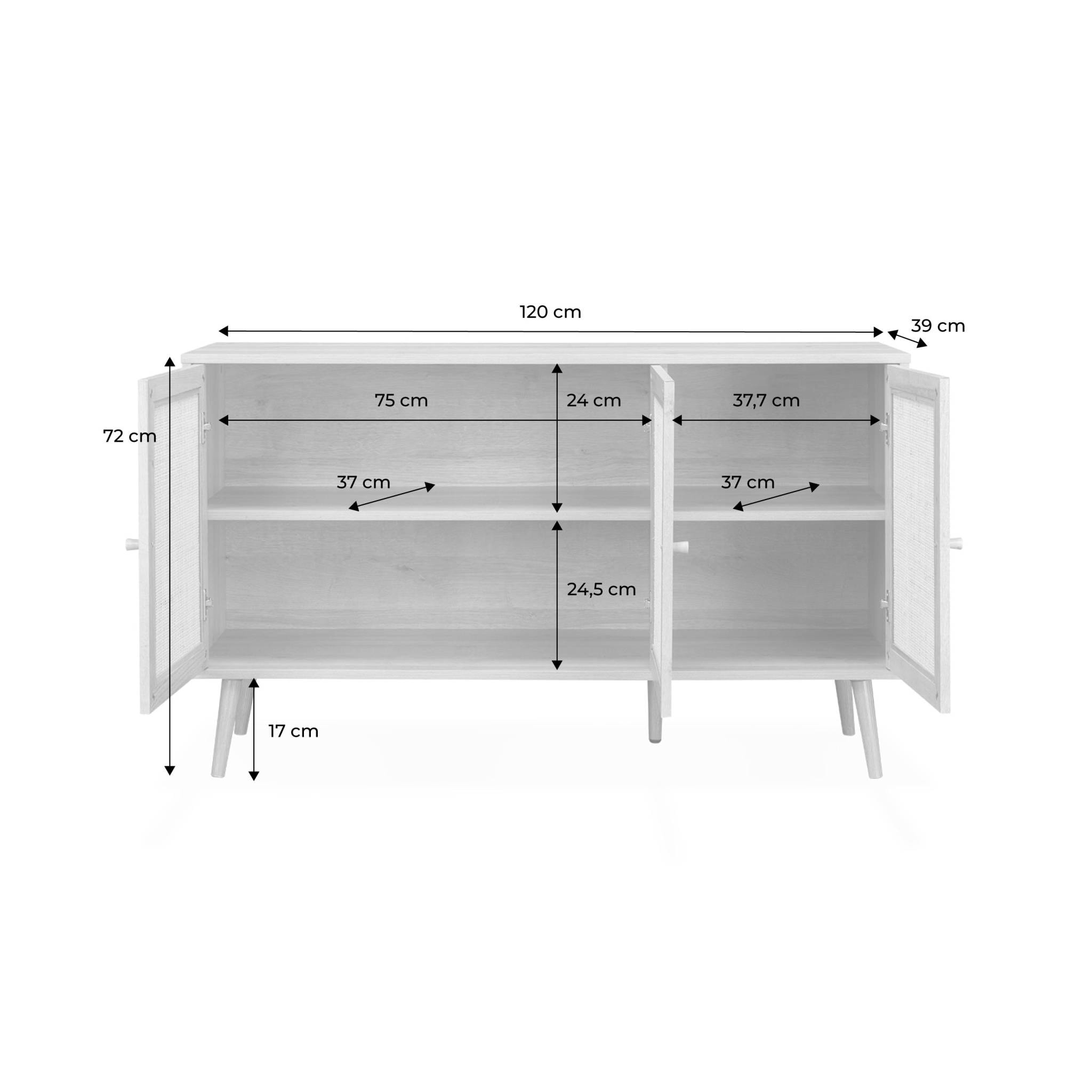 Buffet de rangement en cannage 120x39x70cm  - Bohème - 2 niveaux. 3 portes. pieds scandinaves. buffet bas