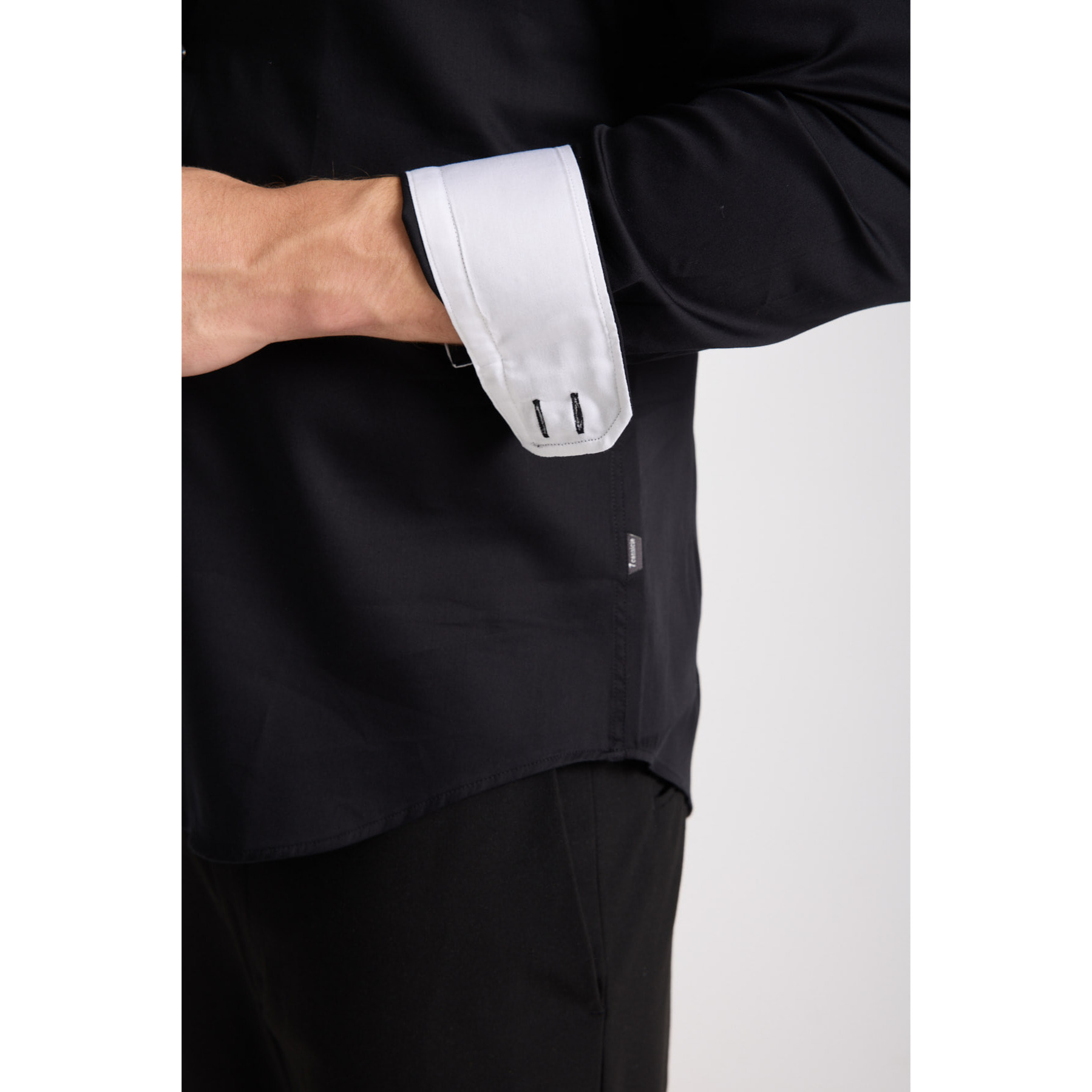 Camicia Uomo 2 Bottoni Button Down Triplo Collo Slim Satin Unito Nero