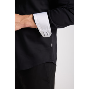 Camicia Uomo 2 Bottoni Button Down Triplo Collo Slim Satin Unito Nero