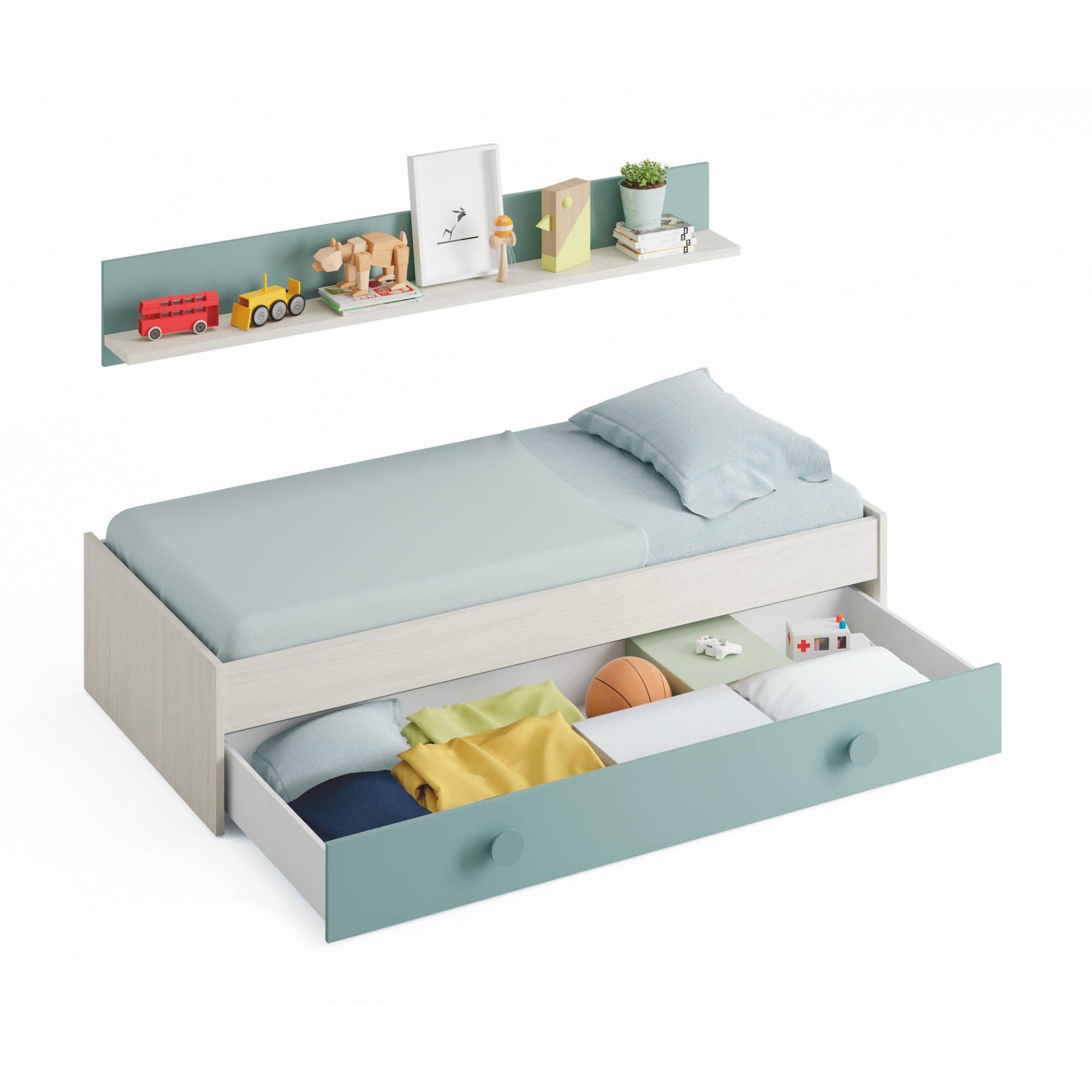 Letto singolo Lubbock, Struttura letto per cameretta, Letto con lettino estraibile o cassettone e mensola abbinata, cm 201x98h43, Bianco e Verde acqua