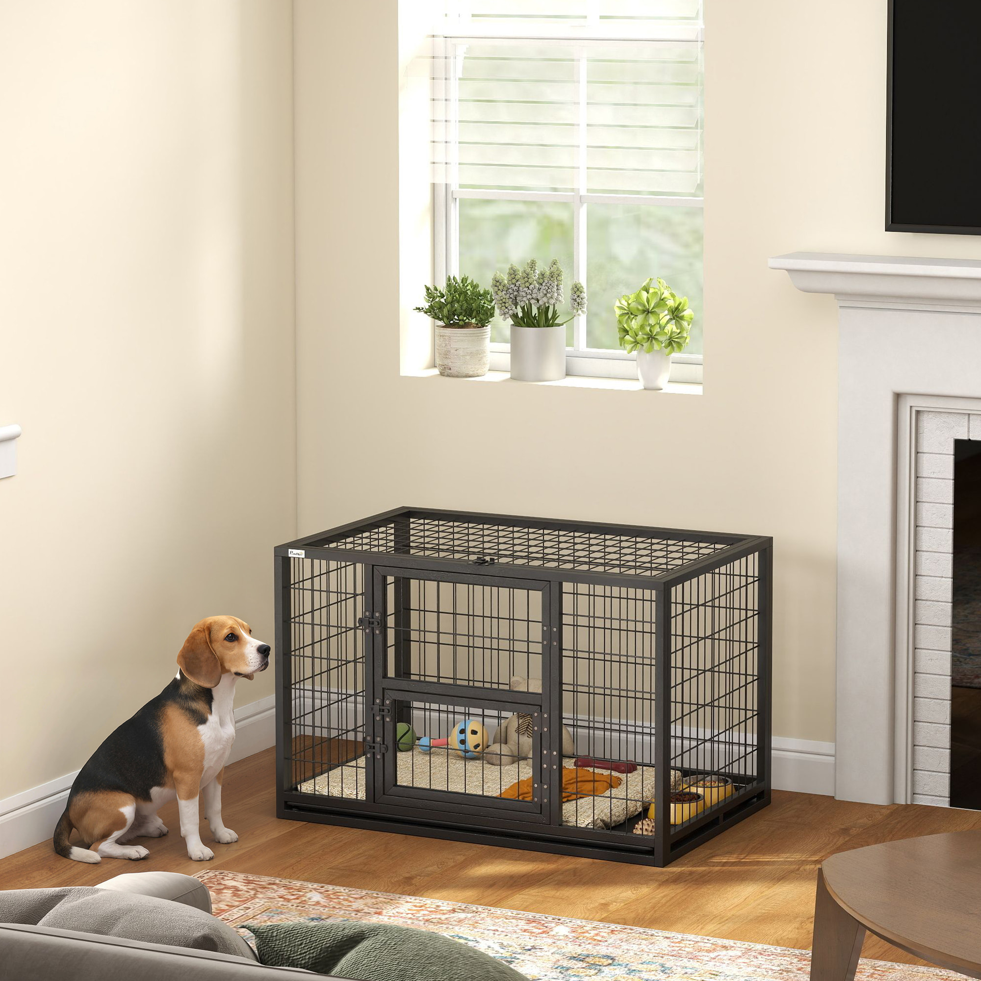 Cage pour chien 94 x 60 x 64 cm toit ouvrant trappes nourrissage porte acier noir
