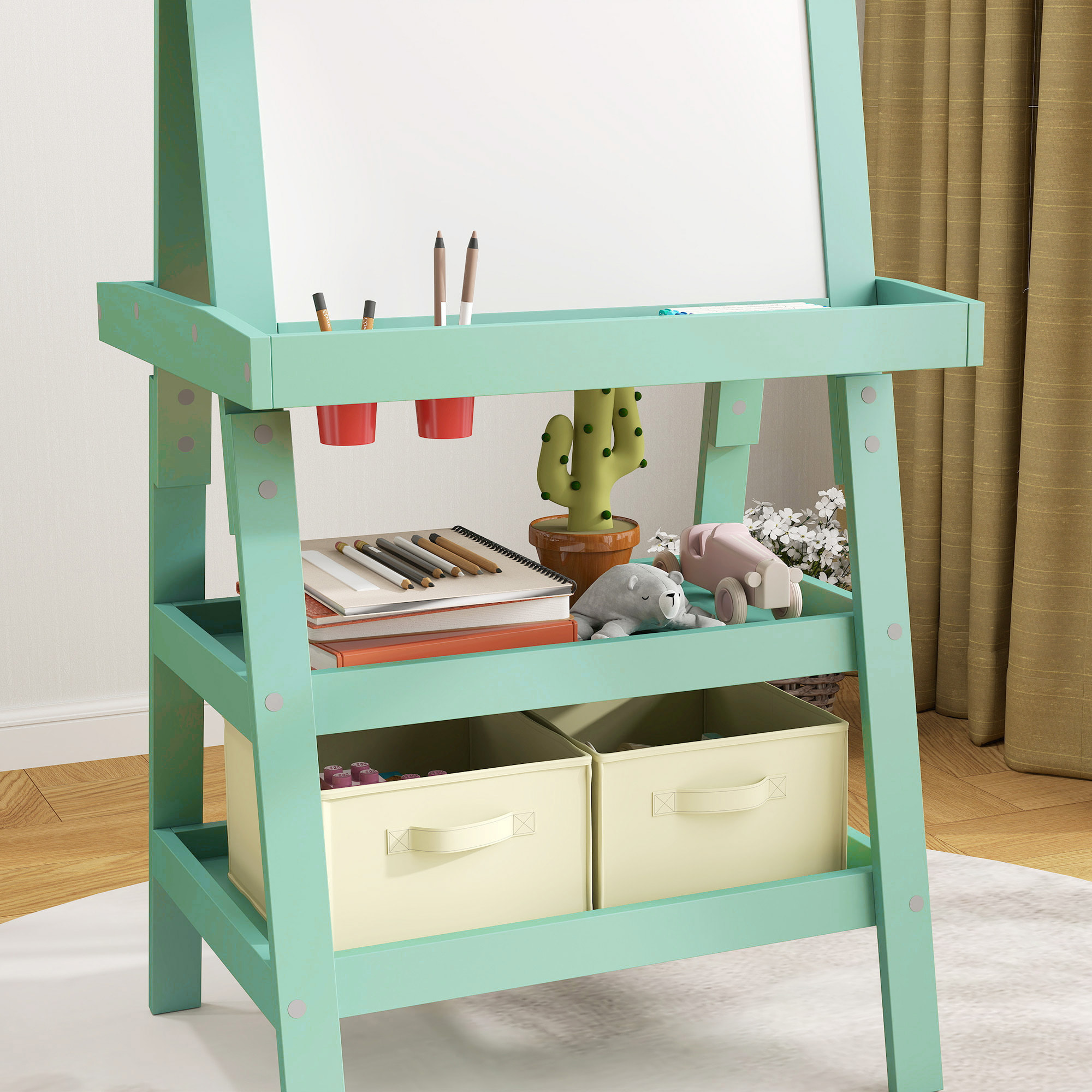 Tableau chevalet enfant 3 en 1 tableau double face enfant avec tableau blanc magnétique tableau à craie rangements bois vert
