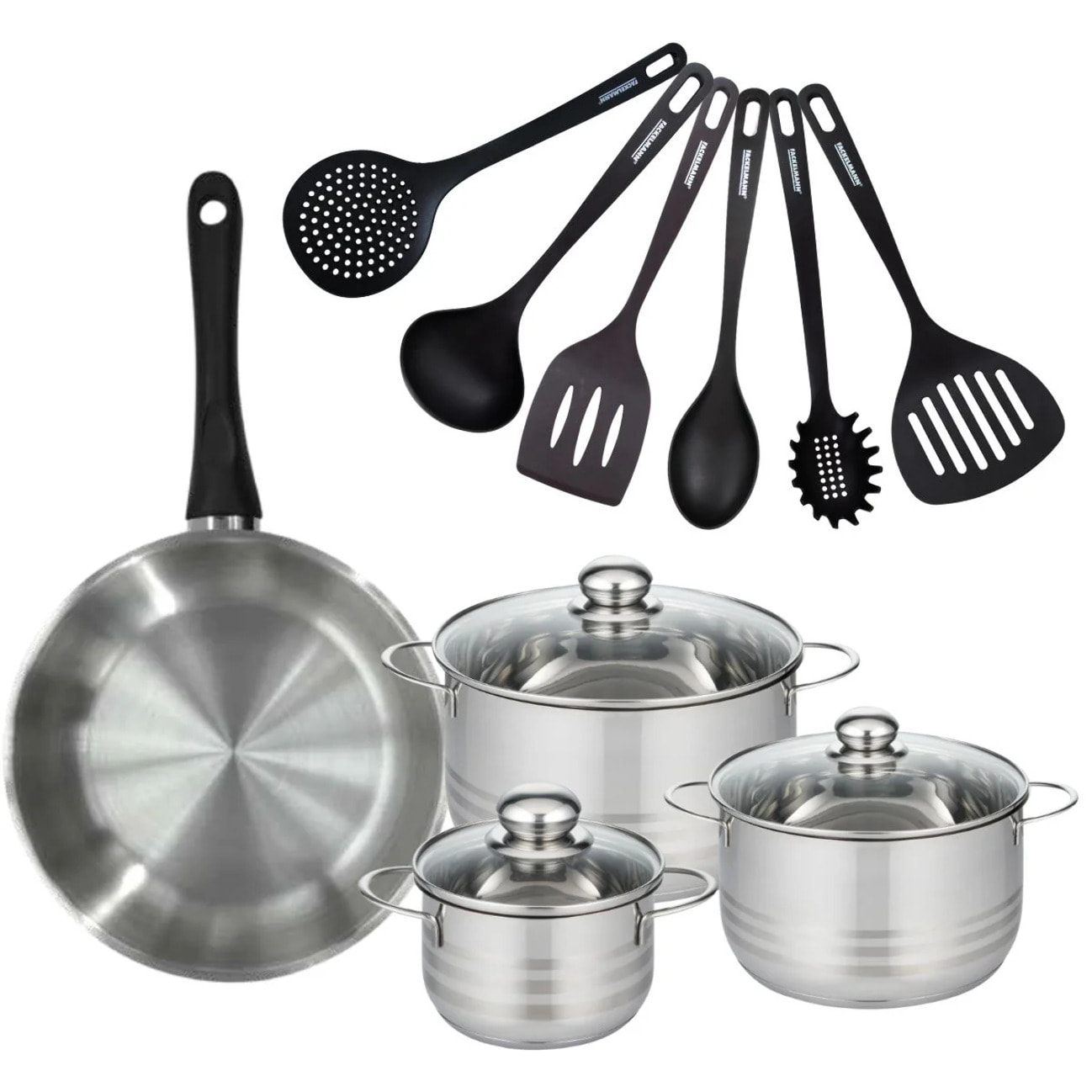 Set de 1 poêle en inox, 3 faitouts 16, 20 et 24 cm et 6 ustensiles RPET Fackelmann Geneva