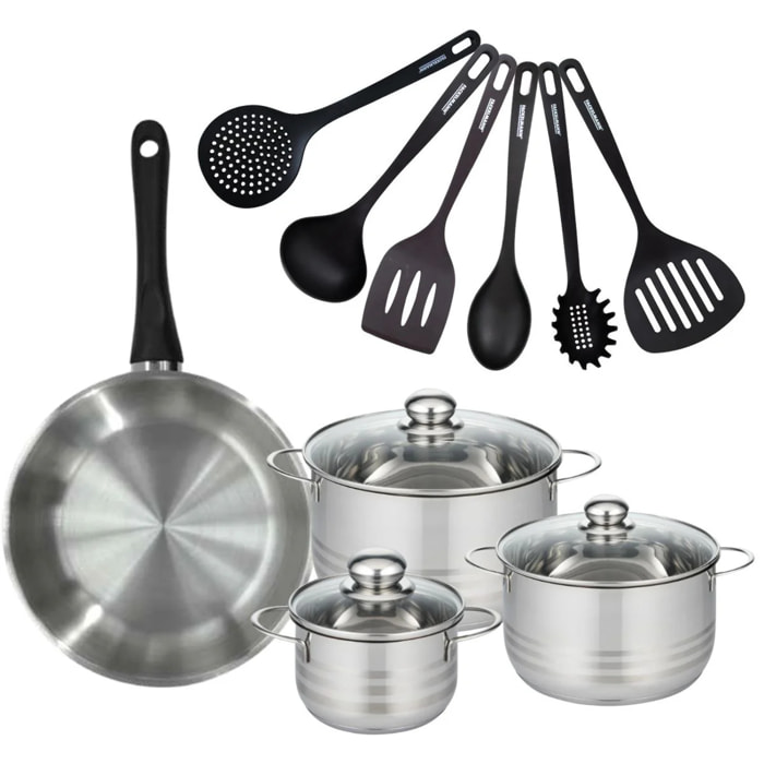 Set de 1 poêle en inox, 3 faitouts 16, 20 et 24 cm et 6 ustensiles RPET Fackelmann Geneva