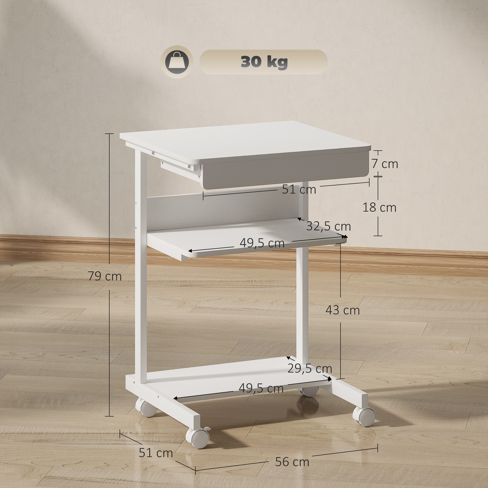 Bureau informatique roulant - bureau mobile - table d'ordinateur - tiroir coulissant 2 étagères - blanc naturel