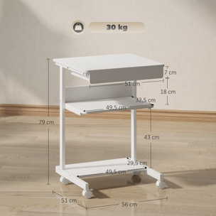 Bureau informatique roulant - bureau mobile - table d'ordinateur - tiroir coulissant 2 étagères - blanc naturel