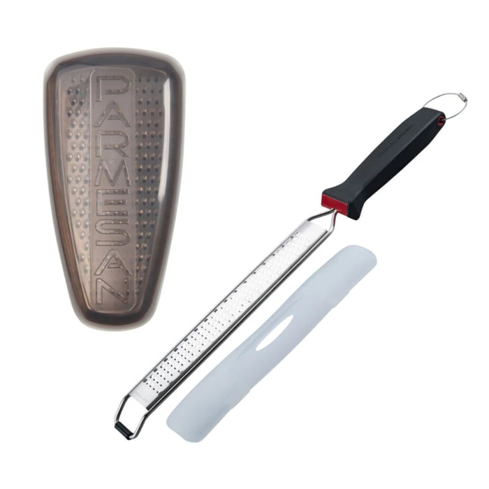 Duo Râpe à zeste longue à gros grain avec couvercle de protection 42 cm et Râpe à parmesan et sa boîte de rangement 19 cm FM Professional Gourmet