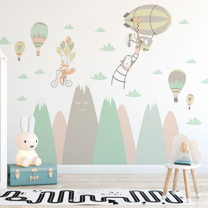 Stickers muraux enfants - Décoration chambre bébé - Autocollant Sticker mural géant enfant montagnes scandinaves ANIMAUX JOUEURS