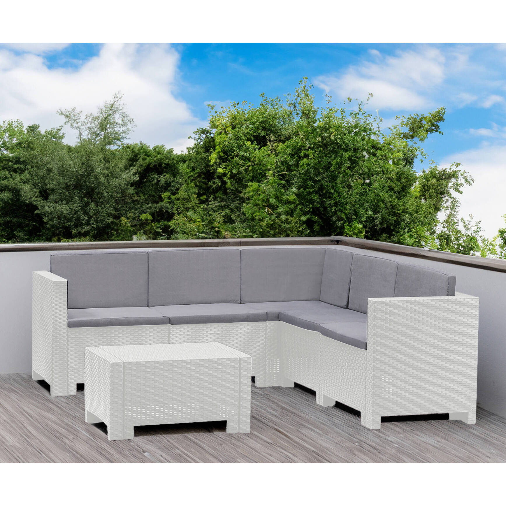 Set salotto da esterno Camerota, Salottino outdoor, Set da balcone o giardino, Composizione soggiorno per esterni, Made in Italy, Bianco