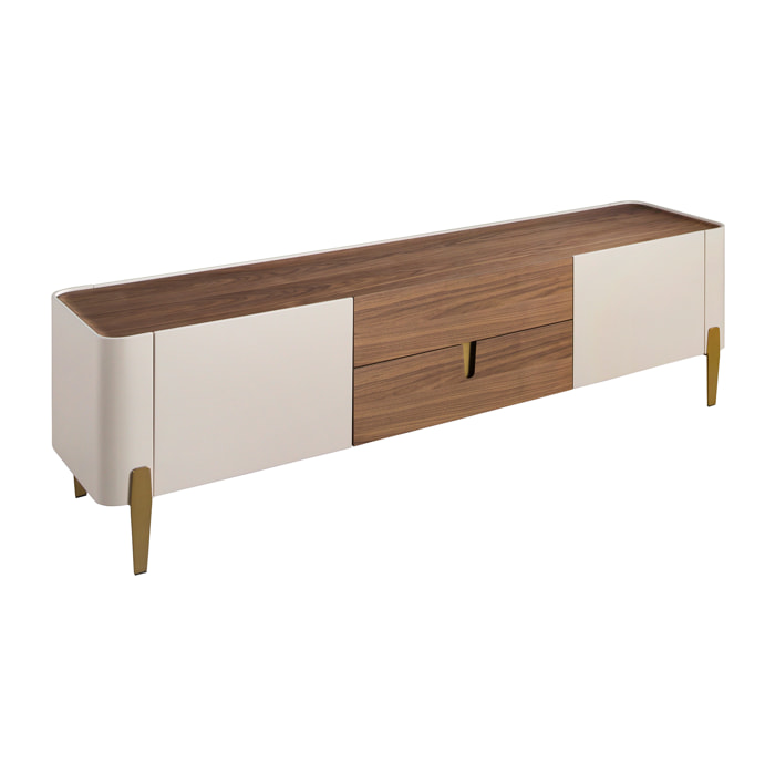 Mueble TV con estructura de madera chapada en nogal natural y madera MDF lacada en beige y unas patas de acero inoxidable pulido en dorado 200x47x54cm