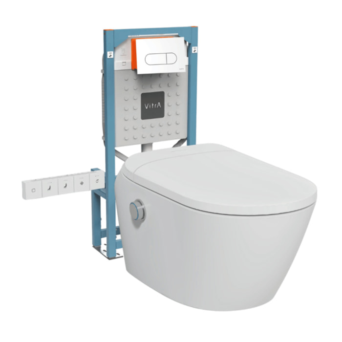 Pack WC lavant suspendu sans bride avec abattant et attentes électriques V-Care Ultra blanc + bâti autoportant V-Fix Easy + plaque blanche