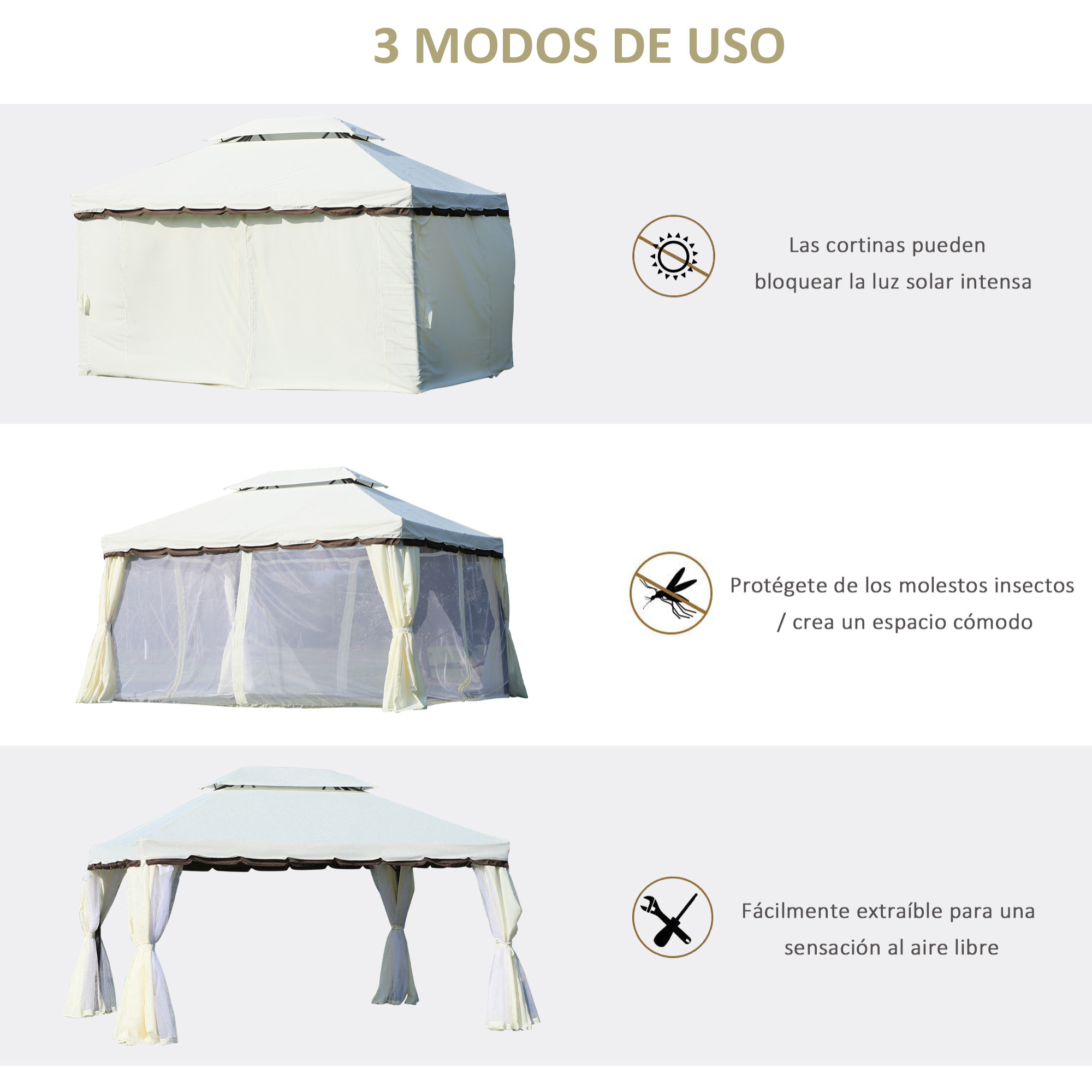 de Jardín 4x3 m, Pabellón de Jardín Gazebo con Doble Techo, 4 Cortinas y Mosquitera, Marco de Aluminio, Orificios de Drenaje, UPF50+, Carpa para Exterior, Terraza, Patio, Blanco Crema