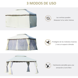 de Jardín 4x3 m, Pabellón de Jardín Gazebo con Doble Techo, 4 Cortinas y Mosquitera, Marco de Aluminio, Orificios de Drenaje, UPF50+, Carpa para Exterior, Terraza, Patio, Blanco Crema