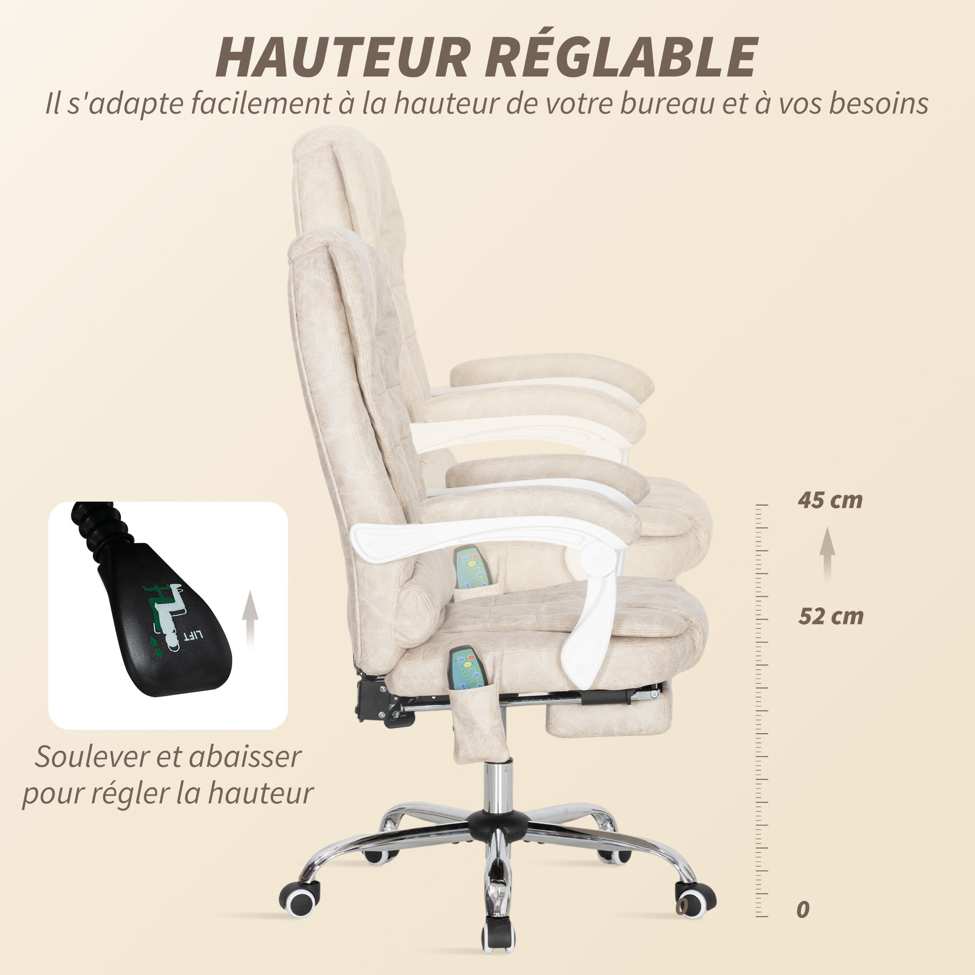 Fauteuil de bureau direction massant chauffant hauteur réglable dossier inclinable tissu beige