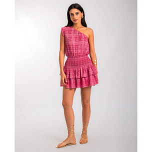 Vestido corto asimétrico con nido de abeja y volantes