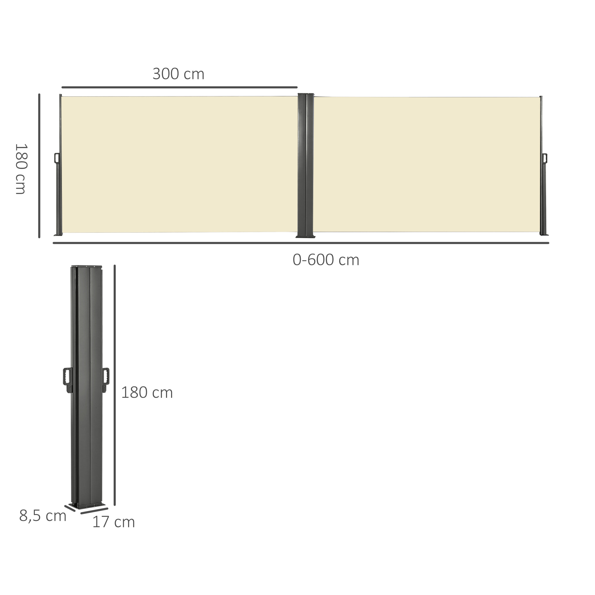 Double store latéral brise-vue paravent rétractable dim. 6L x 1,60H m polyester anti-UV haute densité crème