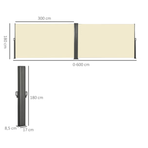 Double store latéral brise-vue paravent rétractable dim. 6L x 1,60H m polyester anti-UV haute densité crème