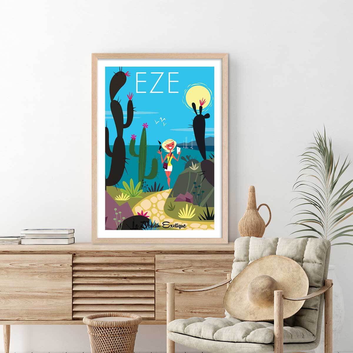 Poster de jardin exotique d' eze Affiche + cadre en bois - Chêne