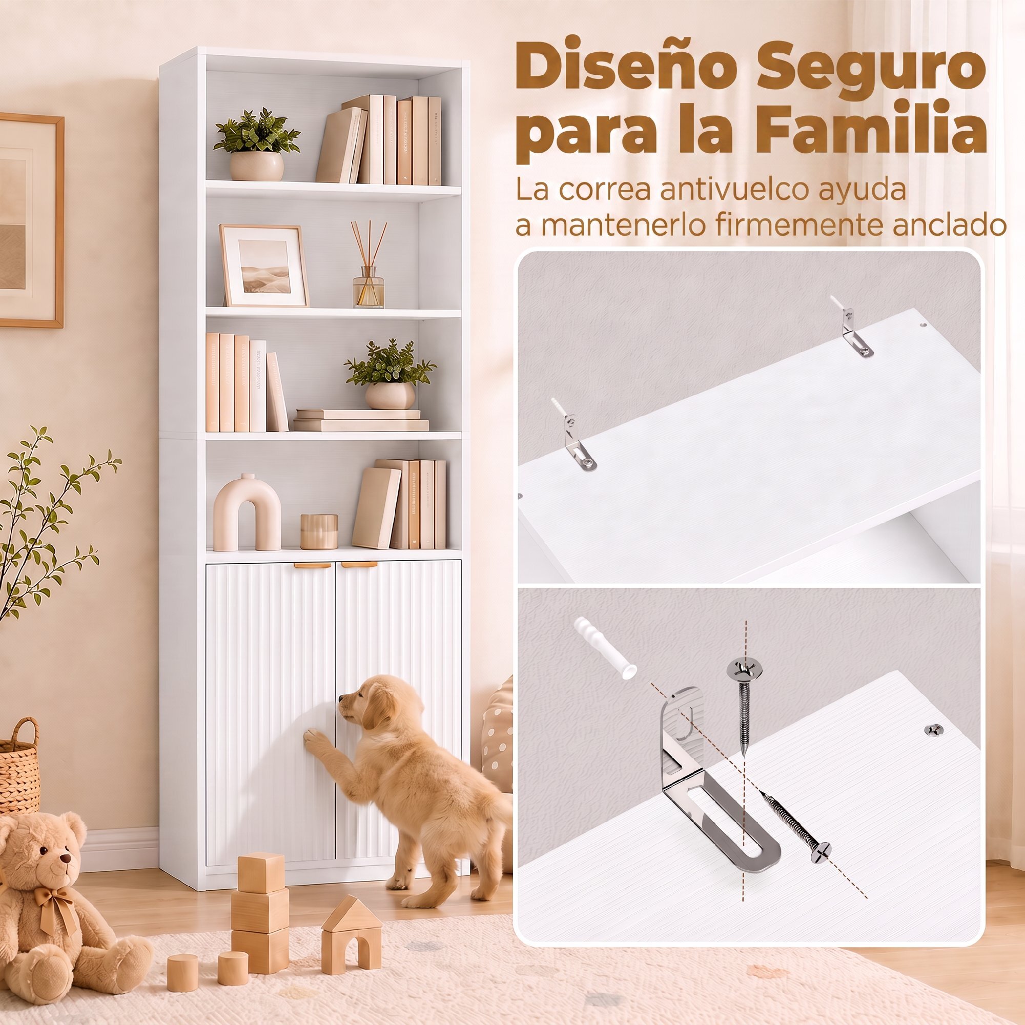 Estantería para Libros Alta y Estrecha, Librería de 6 Niveles con 4 Compartimentos Abiertos, Estante Ajustable, Cierres Magnéticos, Armario para Salón, Estudio, Oficina, 60x24x182 cm, Blanco