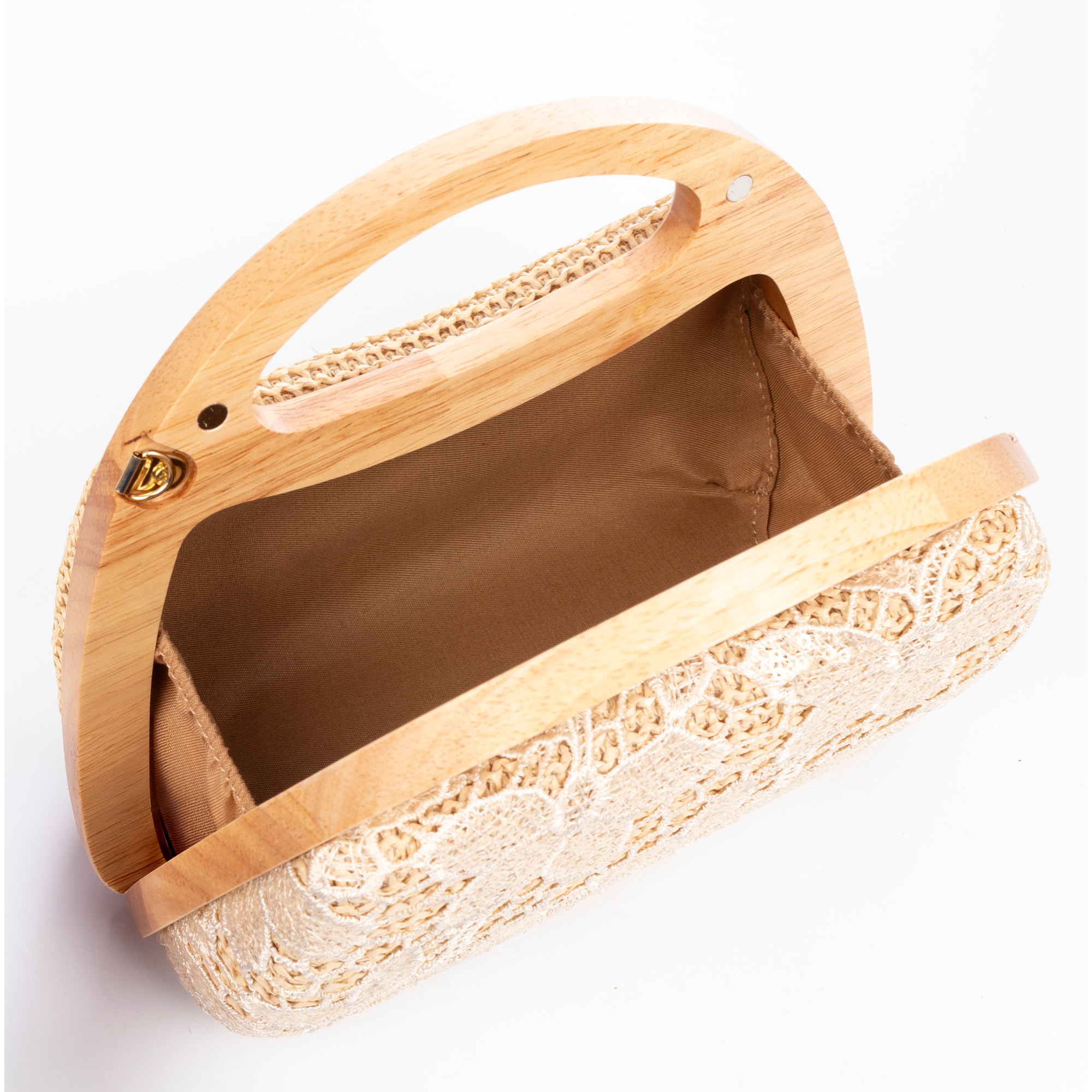 Ausa bolso de mano fabricado en madera natural, con papel trenzado y jute diseño malla de tejido floral.