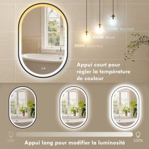 Miroir salle de bain LED design ovale 50 x 70 cm anti-buée dimmable tactile réglable verre trempé alu noir