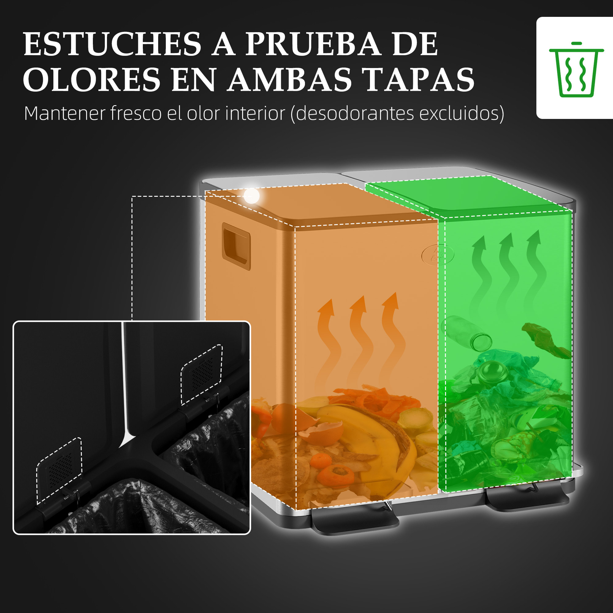 Cubo de Basura de Cocina con 2 Compartimentos 2x15L Papelera Cocina de Acero Inoxidable con Pedal Tapas de Cierre Suave y Cubo Extraíble para Reciclaje Residuos Restos de Comida Plata