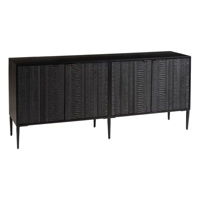 GLORIA - Buffet en manguier noir 4 portes sculptées pieds en métal
