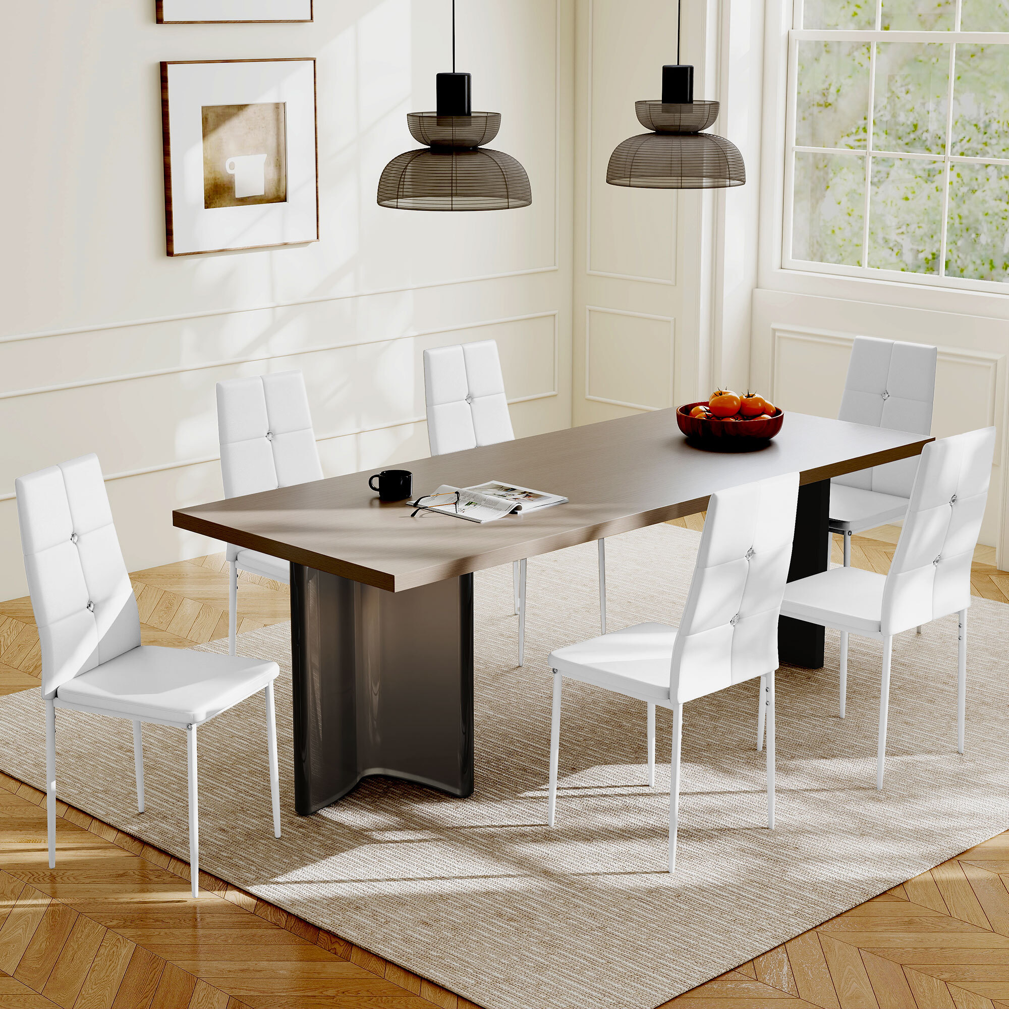 Juego de 6 Sillas de Comedor Tapizada en PU Sillas de Cocina con Respaldo Alto con Botones y Patas de Acero Diseño Moderno para Salón Dormitorio Blanco