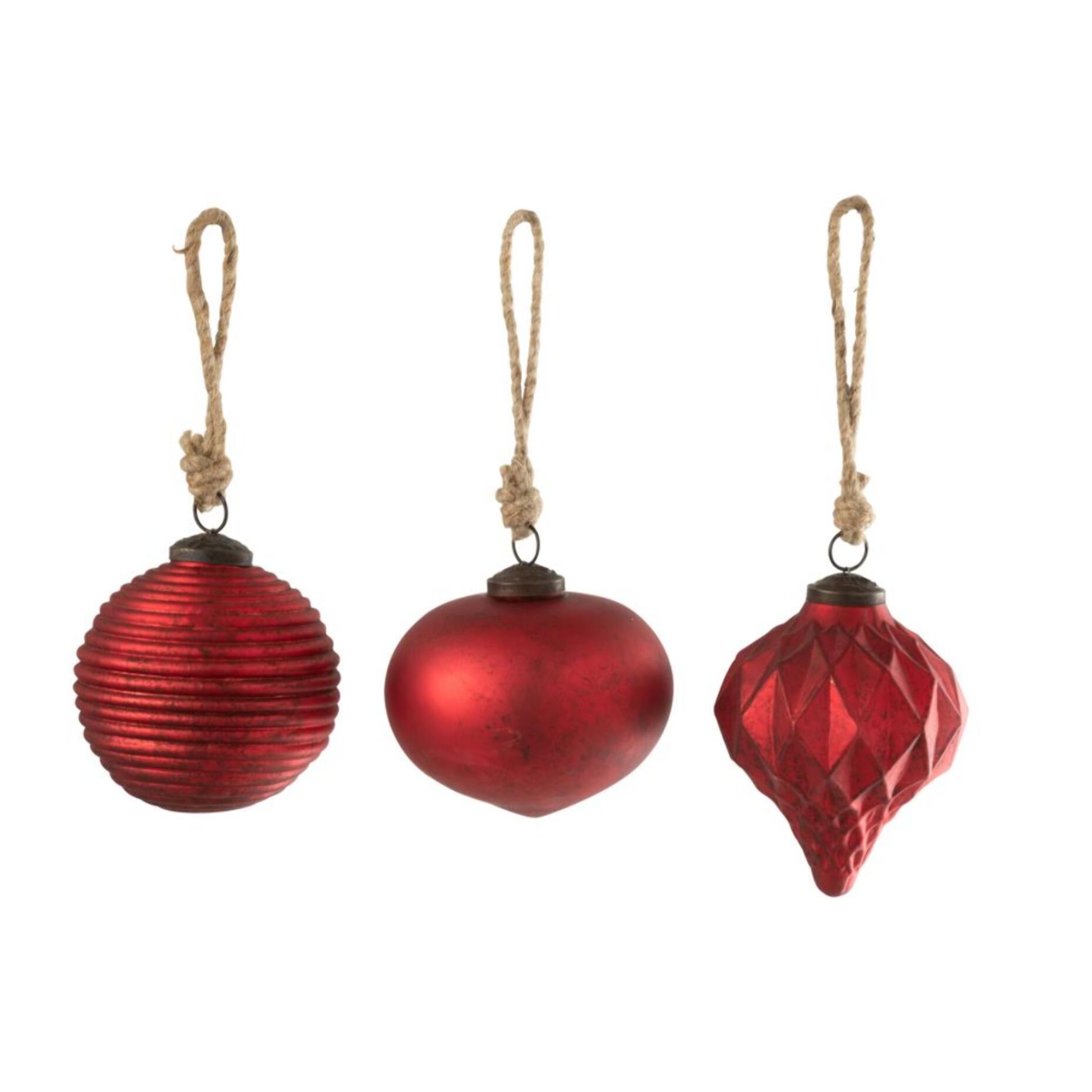 J-Line boule de Noël Oxydée - verre - rouge - lot de 3