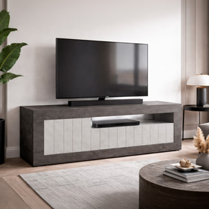 Mobile TV Basso In Melaminico Con Anta Laterale E Ribalta Vano A Giorno Ripiani Mensole Interne Moderno 136.9 x 41.8 x 56 Cm Ossido e Grigio Cemento