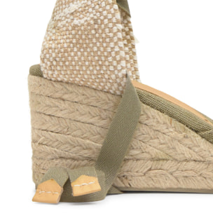 Alpargata de cuña 6 cm en lona de algodón con cintas al tobillo y talonera trenzada