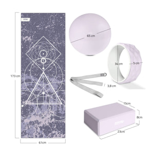 Kit de yoga et Pilates VIOLET 5 accessoires avec tapis, bloc, ballon, roue et sangle