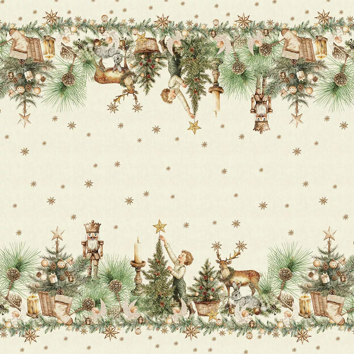 Nappe lin & coton lavé 150 g/m² imprimé beige vert Noel vintage dore