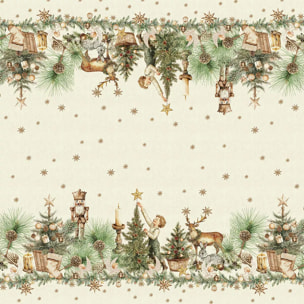 Nappe lin & coton lavé 150 g/m² imprimé beige vert Noel vintage dore