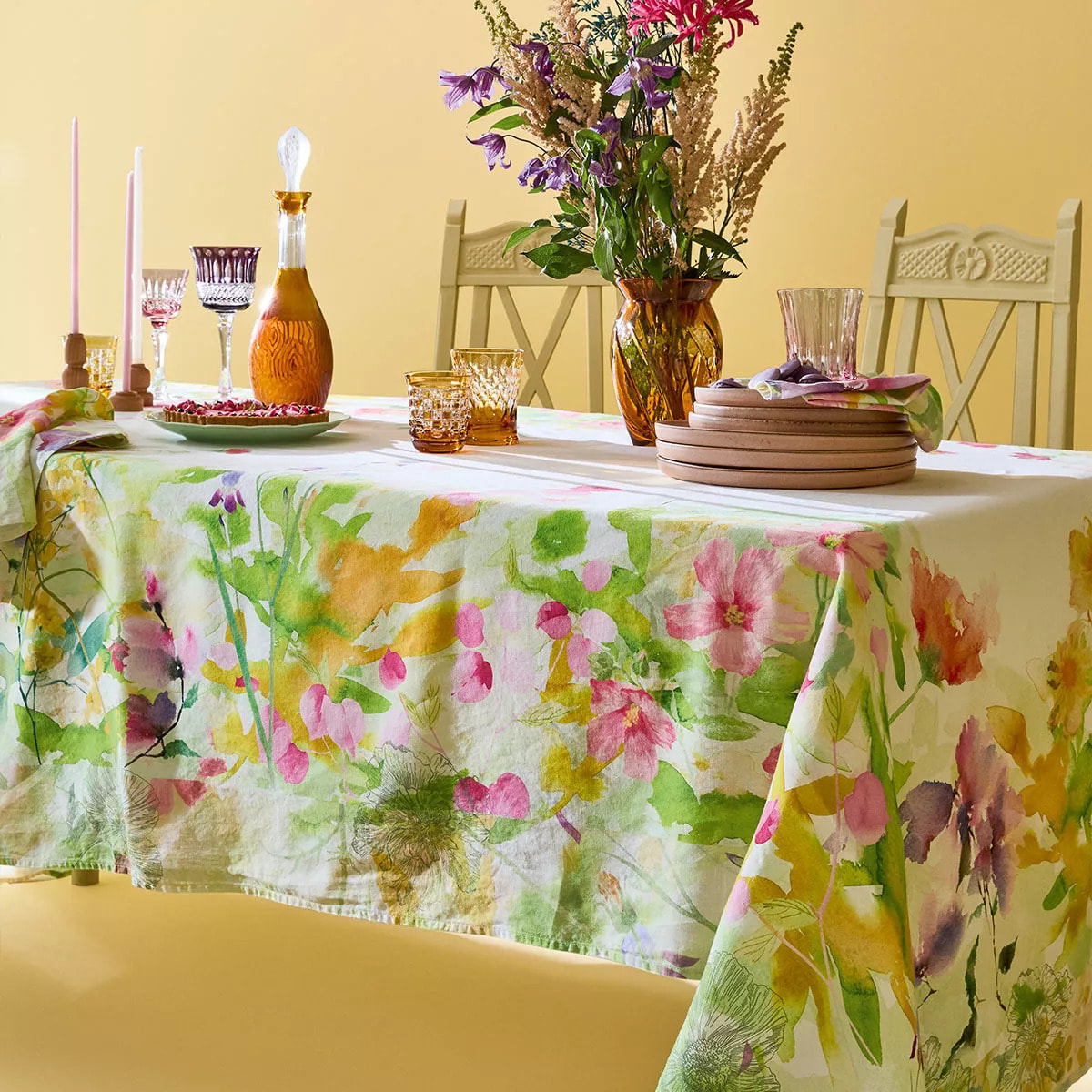 Nappe lin & coton lavé 150 g/m² imprimé rose jaune vert Souffle fleuri printemps
